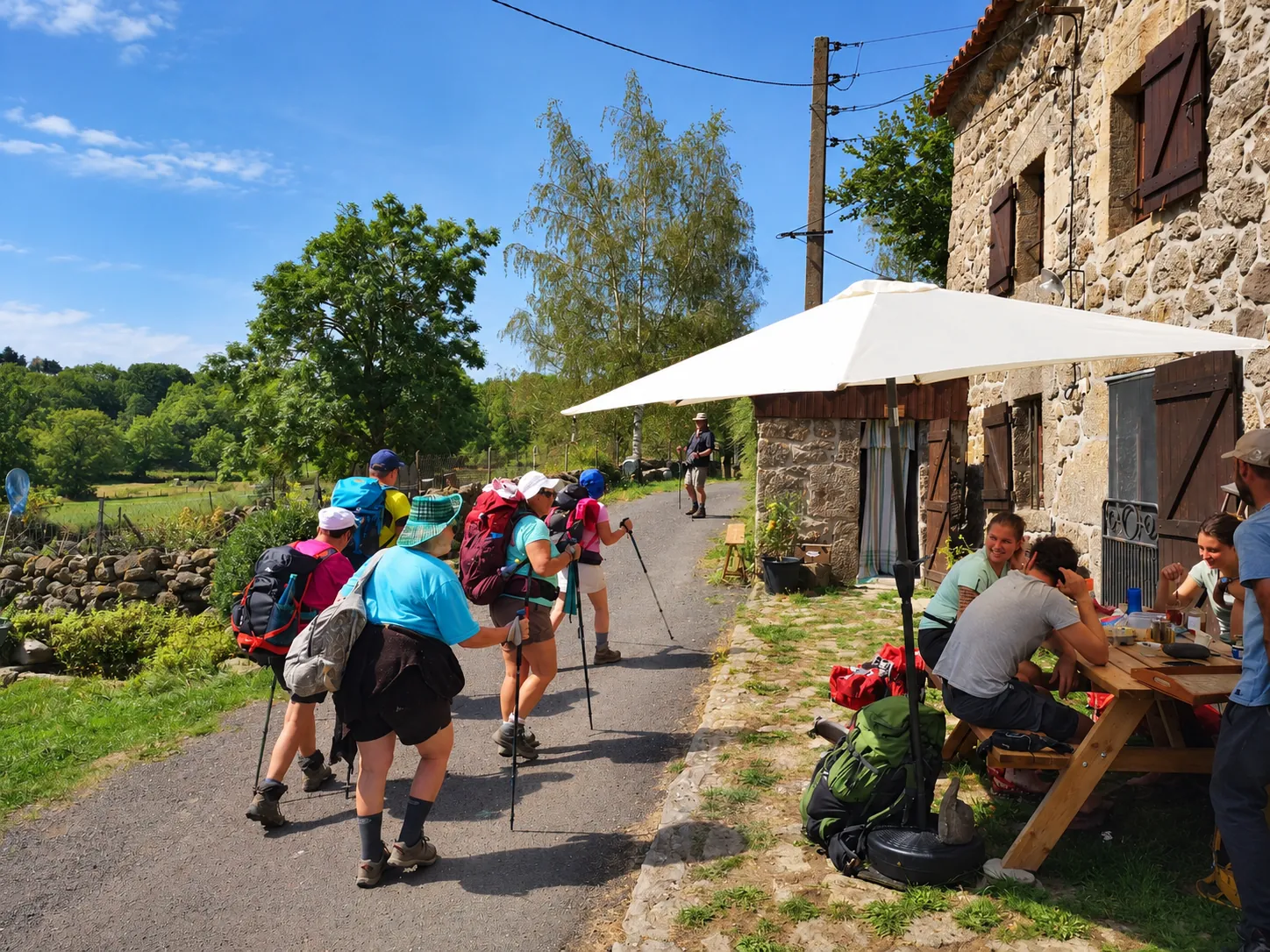 Pèlerins arrivant à L'Arche de Gabriel sur le GR65